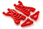 A set of four bright red RC car suspension arms, including two large wishbone arms and two smaller triangular arms, arranged on a white background.