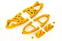 A set of bright yellow RC car front suspension arms and mounting brackets on a white background.