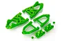 A set of bright green Rovan RC front suspension arms and associated mounting brackets arranged on a white background.