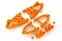 A set of bright orange Rovan RC front suspension arms and mounting components arranged on a white background.