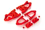 A set of bright red RC car front suspension arms and mounting components laid out on a white background.