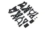 A set of black plastic RC suspension arms and related components arranged on a white background.