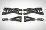 A set of black Rovan rear suspension arms and associated links for an RC vehicle, displayed on a plain white background.