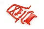 A set of red plastic RC roll cage and mount components laid out on a white background.