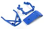 A set of three blue plastic RC car bumper and chassis components arranged on a white background.