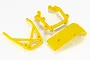 A set of three bright yellow plastic RC car bumper components on a white background.