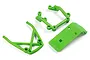 A set of three bright green plastic RC car bumper and chassis components on a white background.