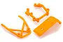 Three bright orange plastic RC car bumper components arranged on a white background.