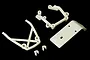 A set of white plastic RC car bumper components including a front bumper plate, two support frames, and two small clips on a black background.
