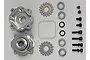 Rovan silver aluminium differential housing kit including two housing halves, two gears, bearings, O-rings, and various mounting screws.