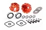 Rovan orange anodized aluminium differential housing set with included bearings, gaskets, screws, and metal plates on a white background.