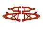 A set of four orange anodized aluminium front suspension A-arms for an RC vehicle, arranged symmetrically on a white background.