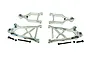 A set of silver aluminium front suspension A-arms for an RC car, including upper and lower arms with mounting hardware.