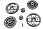A set of Rovan RC drivetrain gears including two spur gears with white inserts, two pinion gears, two gear carriers, and a small screw with a clip.