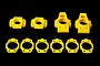 A set of yellow plastic RC car rear hubs and circular shims arranged on a black background.