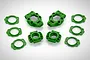 A set of green Rovan RC rear hubs and shims arranged on a white background.