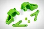 A set of bright green Rovan nylon front steering hub components and associated parts on a white background.
