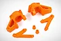 A set of bright orange nylon RC steering components including two steering hubs, two steering arms, and two small bushings on a white background.