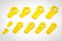 A set of ten yellow plastic RC ball ends of varying sizes arranged on a white background.
