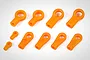 A set of ten orange plastic RC ball ends of various sizes arranged on a white background.
