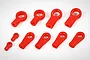 A set of ten red plastic RC ball end rod connectors of varying sizes arranged on a white background.