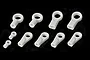 A set of ten white plastic ball ends of varying sizes arranged on a black background.