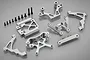 A Rovan aluminium front parts kit for RC vehicles, featuring various machined silver metal suspension components and a set of black screws on a grey background.