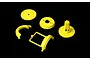 A set of bright yellow plastic RC air filter mount components arranged on a black background.