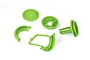 A set of bright green plastic RC air filter mount components arranged on a white background.