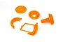 A set of orange plastic RC air filter mount components arranged on a white background.