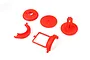 A set of red plastic RC air filter mount components arranged on a white background.