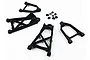 A set of black Rovan front suspension arms and small plastic hardware components arranged on a white background.