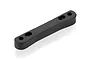 A black plastic suspension arm pin mount for an RC car, shown from a high angle against a white background.