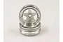 A pair of satin chrome 5-spoke RC car rims stacked on a white background.