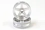 Two Kyosho 1/10 scale RC car front rims in a satin chrome finish, stacked on a white background.