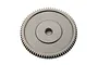 A circular metal spur gear with a central mounting hole, isolated against a white background.