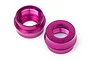 Two purple anodized aluminum big bore shock caps for Hot Bodies RC cars, shown from top and side angles.
