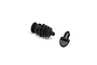 Two black rubber RC boat parts, including a bellows-style seal and a small plug, isolated on a white background.