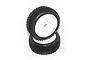 Two Hot Bodies 1/8 scale buggy wheels with black Khaos tread tyres mounted on white dish rims against a white background.
