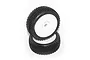 Two Hot Bodies RC buggy wheels with black block tread tyres mounted on white dish rims, stacked against a plain white background.