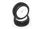 Two black rubber RC buggy tyres with block tread patterns mounted on white plastic dish rims, stacked against a white background.