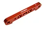 A red anodized aluminium rear suspension hanger for an ARRMA 1/5 scale RC vehicle, featuring the Integy logo and an R marking.
