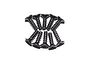 A set of ten black metal countersunk head screws with coarse threads arranged in two rows against a white background.