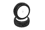 Two Hot Bodies 3.3 inch Proto buggy tires pre-glued onto white dish wheels, shown against a white background.