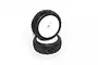 Two Hot Bodies 1/8 scale RC buggy wheels with black Proto treaded tires mounted on white dish rims against a white background.