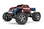 Traxxas Stampede 4x4 RC monster truck with red, blue, and black body, chrome wheels, and active LED front lights against a white background.