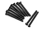A set of ten black metal button head screws with fine threading, arranged in a group on a white background.