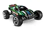 Traxxas Rustler VXL 1/10 scale RC stadium truck with a black, blue, and green body, chrome wheels, and off-road tires against a white background.
