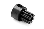 A small black steel 8-tooth pinion gear for an RC car, shown at an angle against a white background.