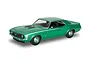 A finished 1/25 scale model of a metallic green 1969 Chevy Camaro SS 396 with white racing stripes on a white background.